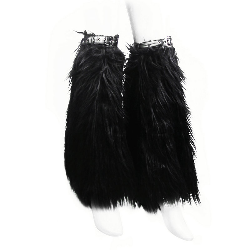 Gothic faux fur adjustable leg warmers with belt straps, perfect for a stylish gothic outfit.