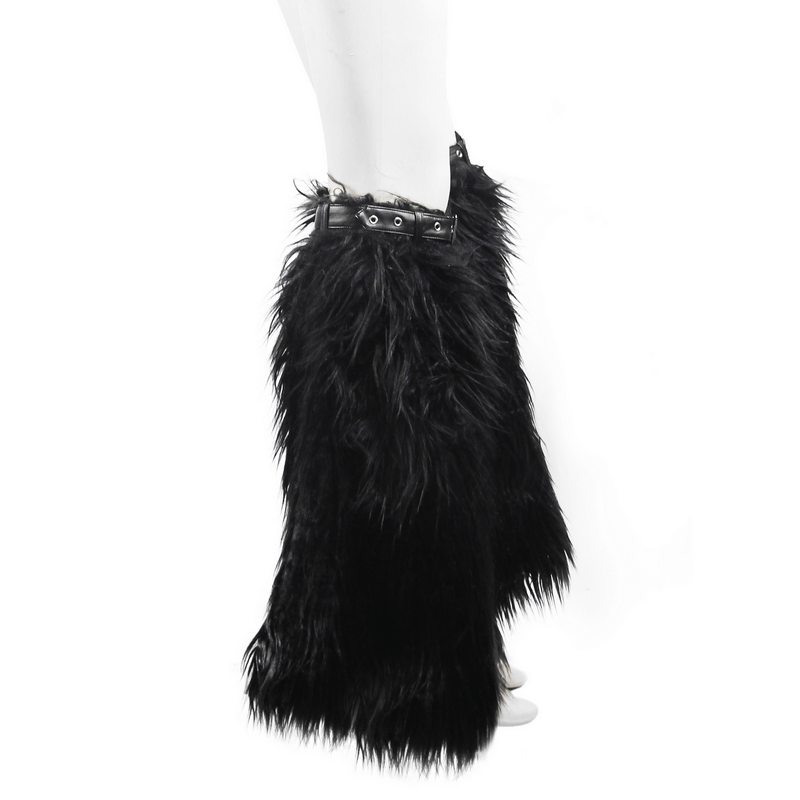 Stylish gothic faux fur leg warmers with adjustable belt straps and rivets, perfect for a bold fashion statement.