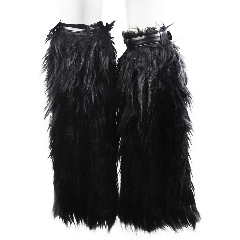 Gothic faux fur adjustable leg warmers with belt straps and rivets for women, perfect for gothic fashion outfits.