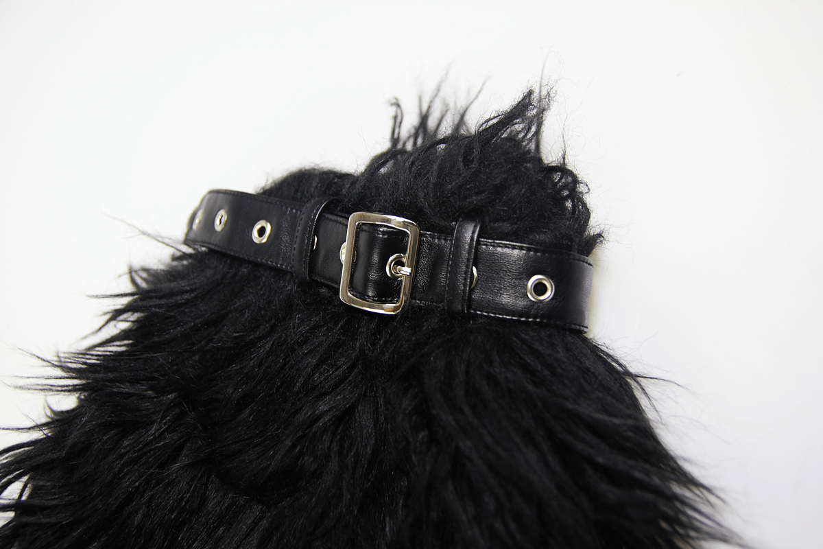 Black faux fur leg warmers with stylish adjustable belt strap and rivets, perfect for gothic fashion.