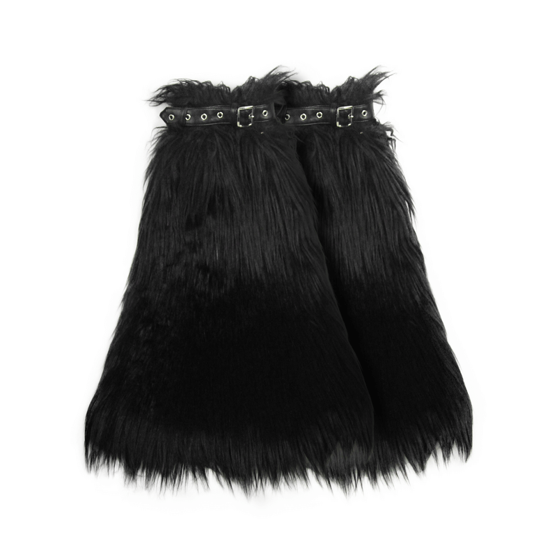 Gothic faux fur adjustable leg warmers with rivets and belt straps in black for women's fashion.