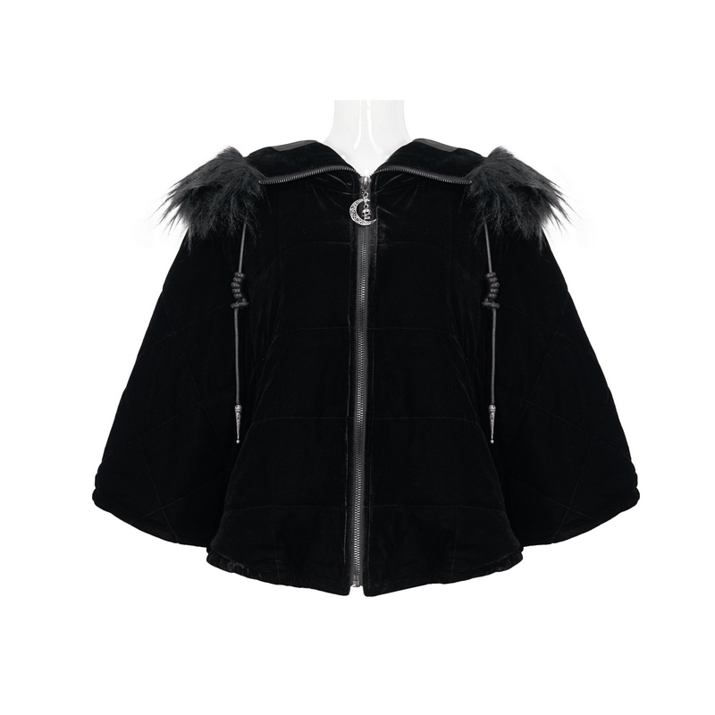 Gothic Faux Fur Hooded Cape / Warm Short Zipper Cape for Women / Alternative Female Clothing - HARD'N'HEAVY