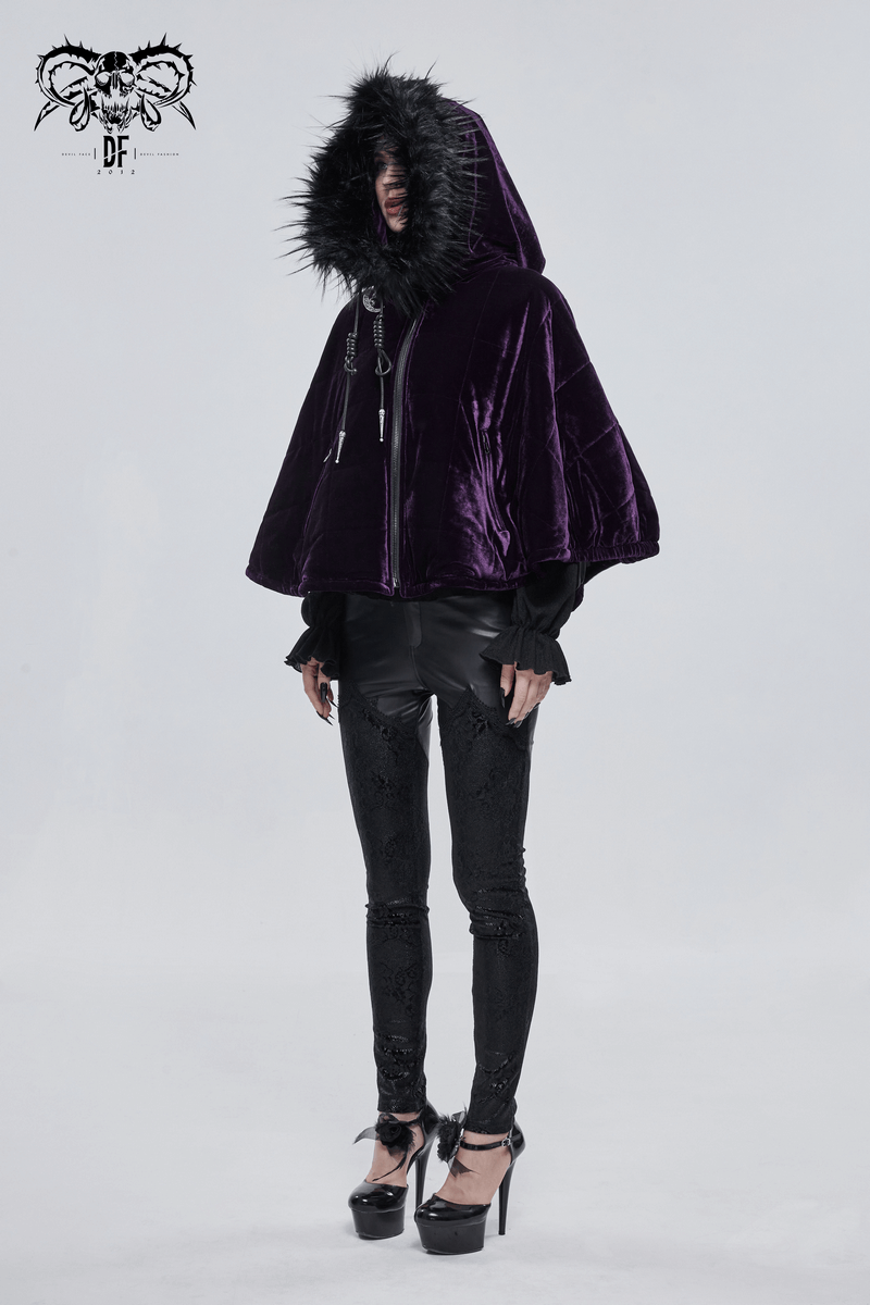 Gothic Faux Fur Hooded Velvet Cape / Warm Purple Zipper Cape for Women - HARD'N'HEAVY