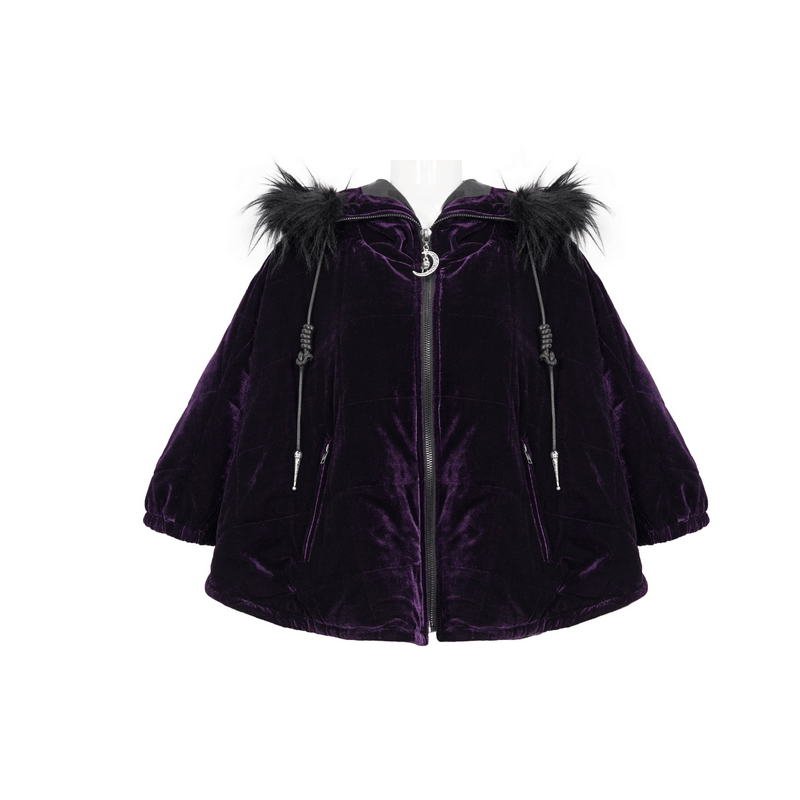 Gothic Faux Fur Hooded Velvet Cape / Warm Purple Zipper Cape for Women - HARD'N'HEAVY