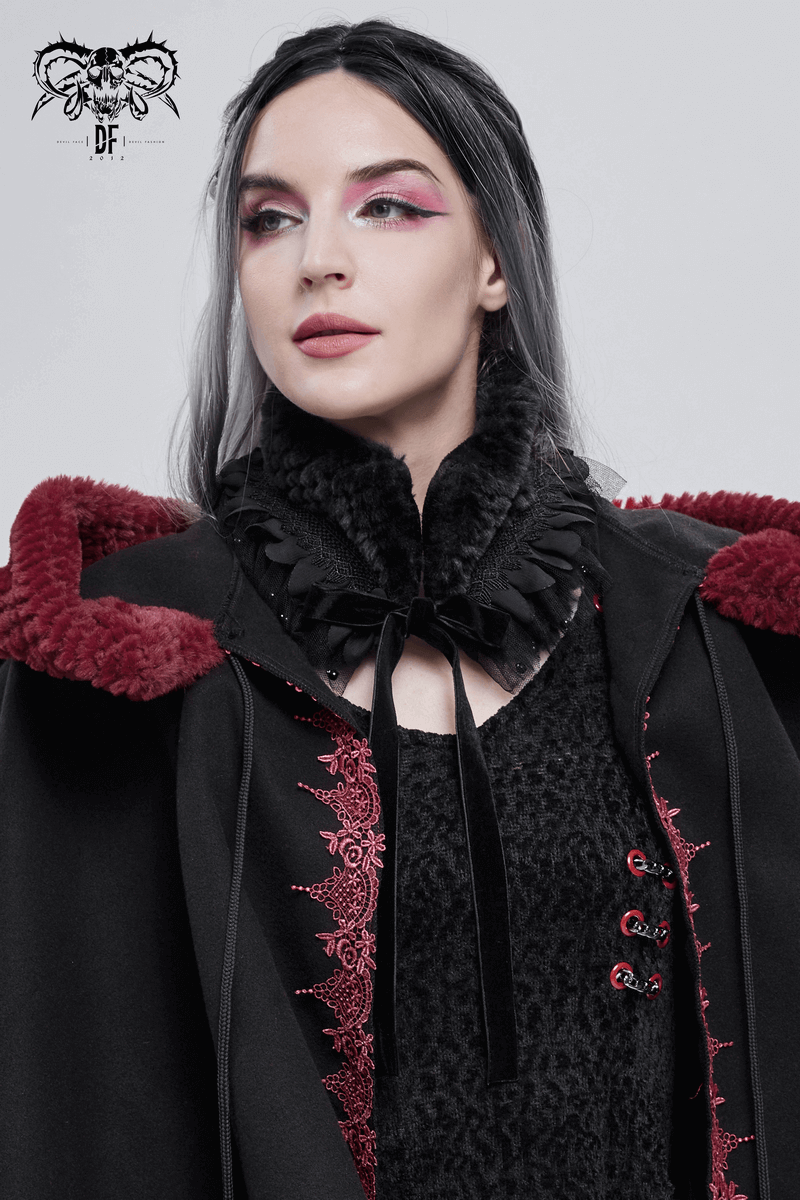 Stylish woman wearing a Gothic faux fur warm collar, showcasing elegance with lace details and a dramatic cape.