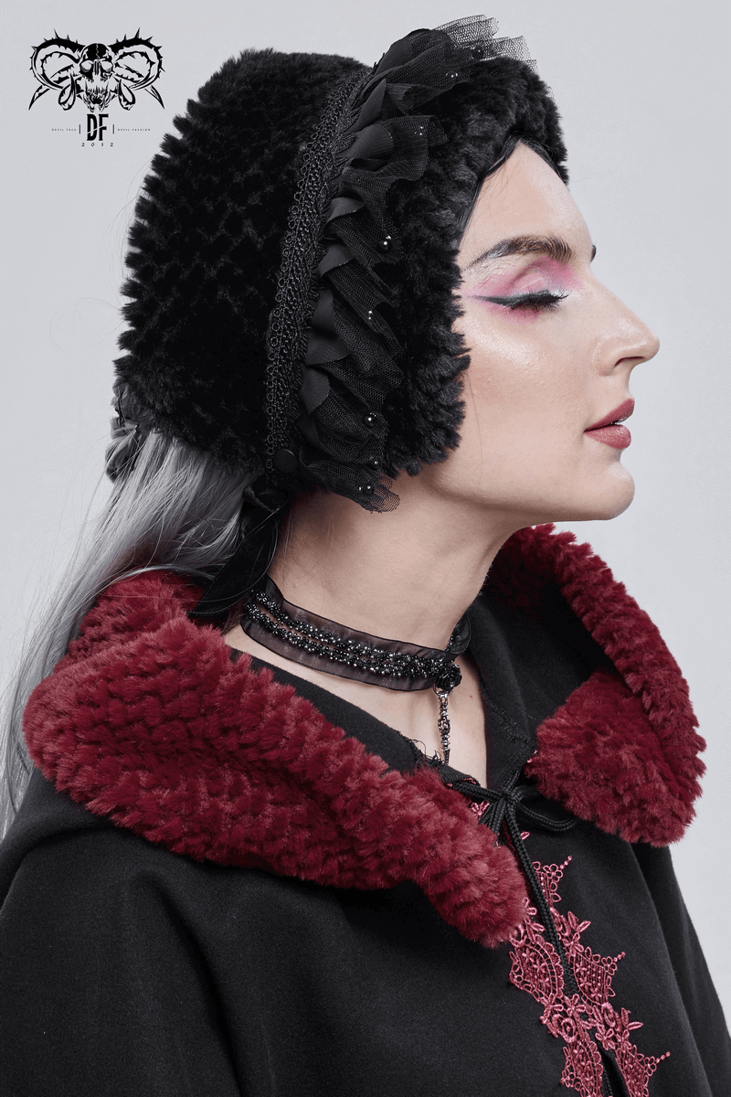 Gothic faux fur collar and hat on model, showcasing elegant black and red accessories for a stylish winter look.