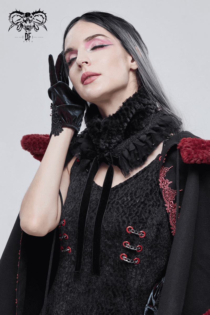 Elegant woman in gothic attire wearing a black faux fur collar with lace, striking a dramatic pose.