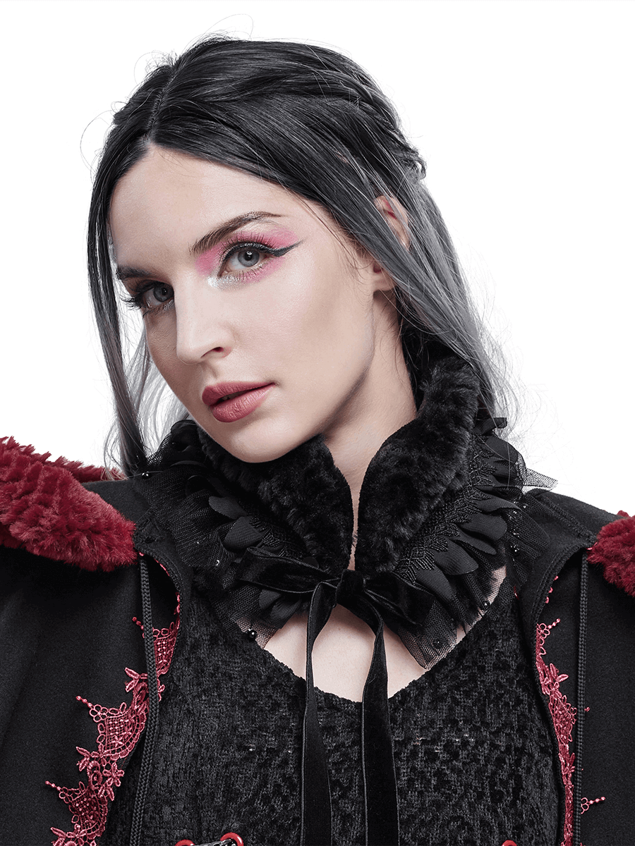 Gothic faux fur collar with lace beading, worn by a model showcasing elegant gothic fashion.