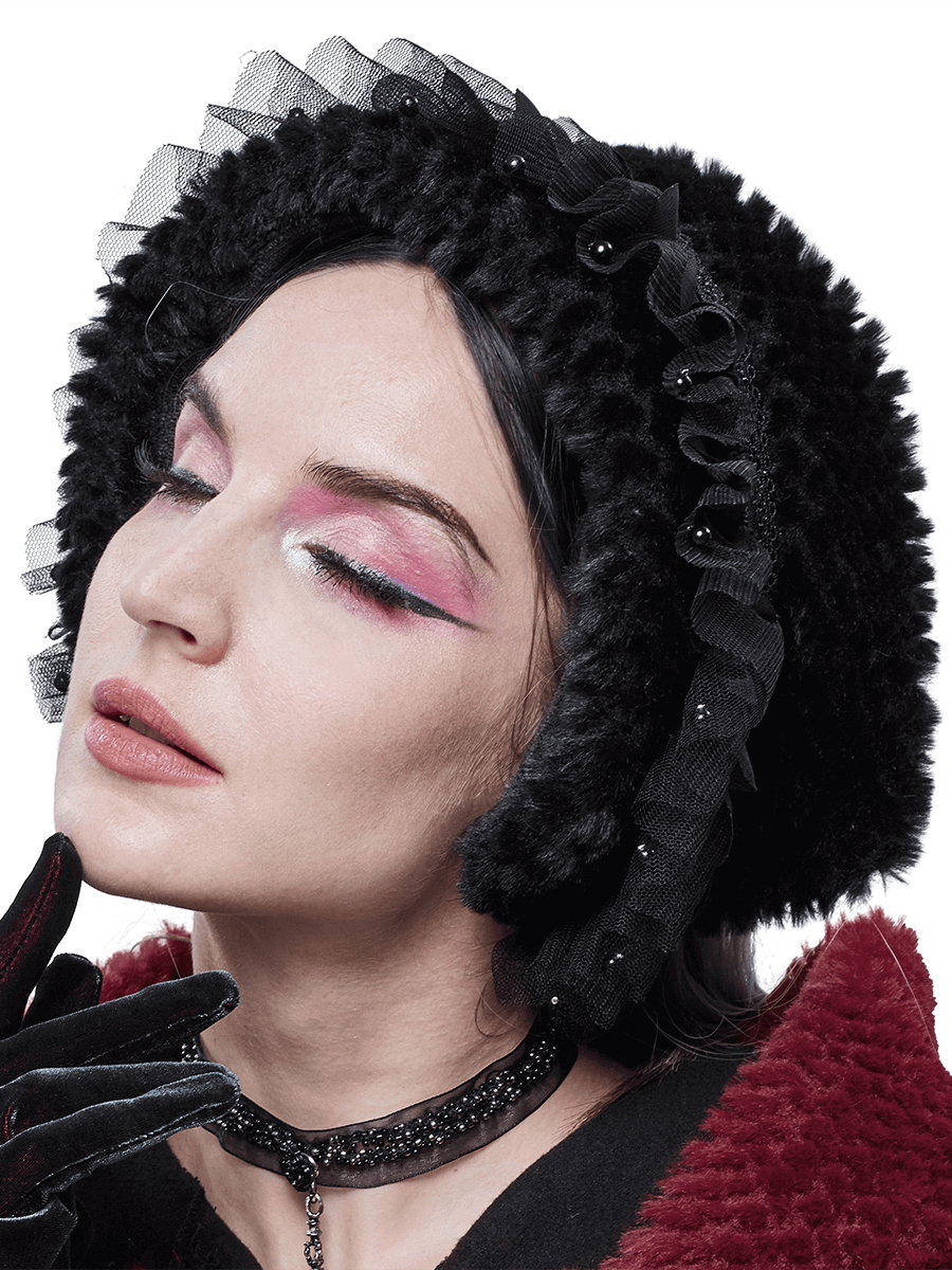 Elegant woman in gothic faux fur black collar with lace and beading, showcasing a stylish and warm accessory.