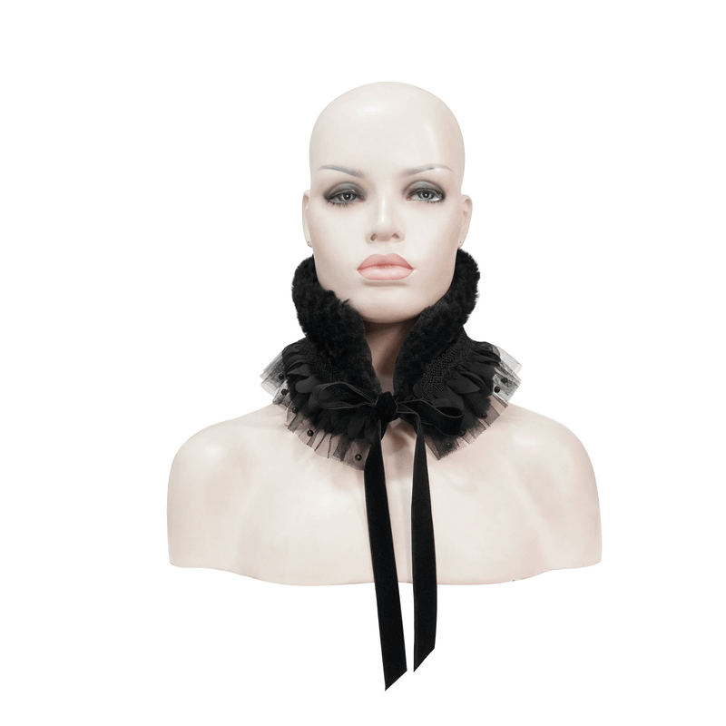 Gothic faux fur warm collar with lace detail, perfect black accessory for women's stylish gothic outfits.