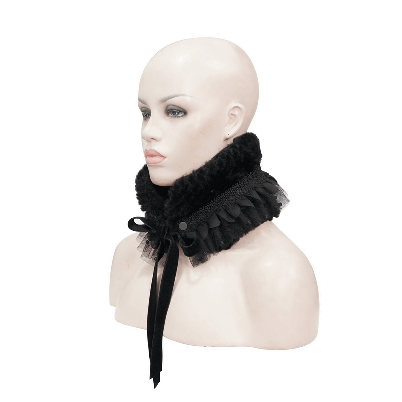 Gothic faux fur warm black collar with lace and beading, perfect accessory for women's gothic wardrobe.