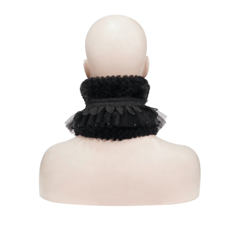 Gothic faux fur black collar with lace and beading, perfect for adding elegance to any outfit.