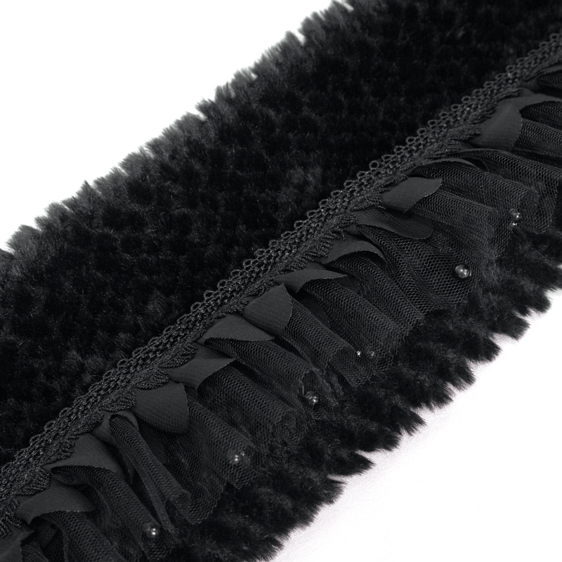 Gothic faux fur black collar with lace trim and beading, an elegant accessory for women's gothic fashion.