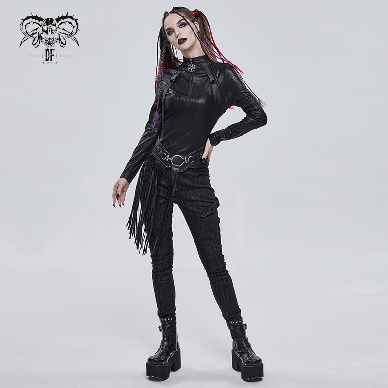 Gothic Faux Leather Belt with Buckle Front & Elastic Back / Women's Black Belt wuth Long Tassels - HARD'N'HEAVY