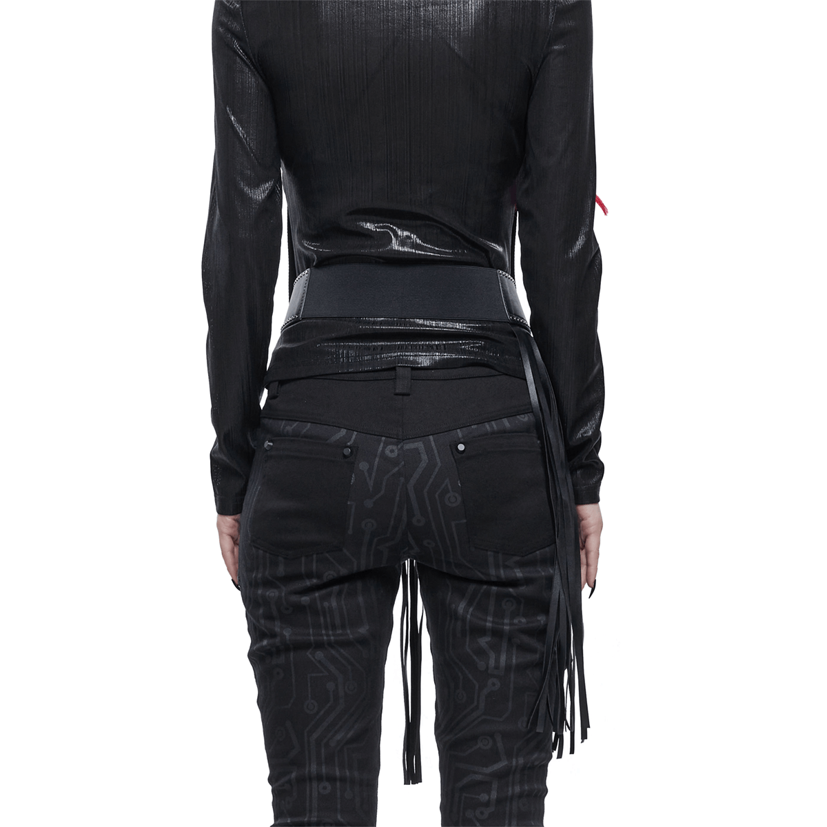 Gothic Faux Leather Belt with Buckle Front & Elastic Back / Women's Black Belt wuth Long Tassels - HARD'N'HEAVY