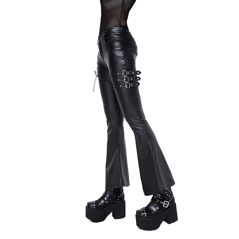 Gothic Faux Leather Flared Pants / Steampunk Black Trousers with Decorative Lacing and Buckles