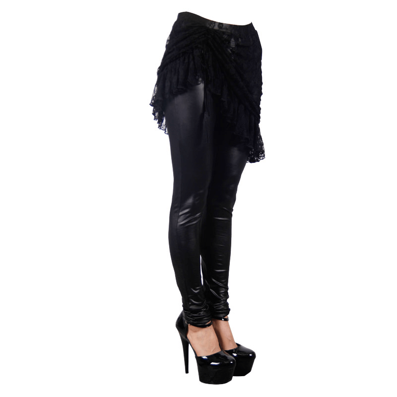 Gothic Faux Leather Leggings with Lace Adjustable Skirt / Women's Elastic Black Pants