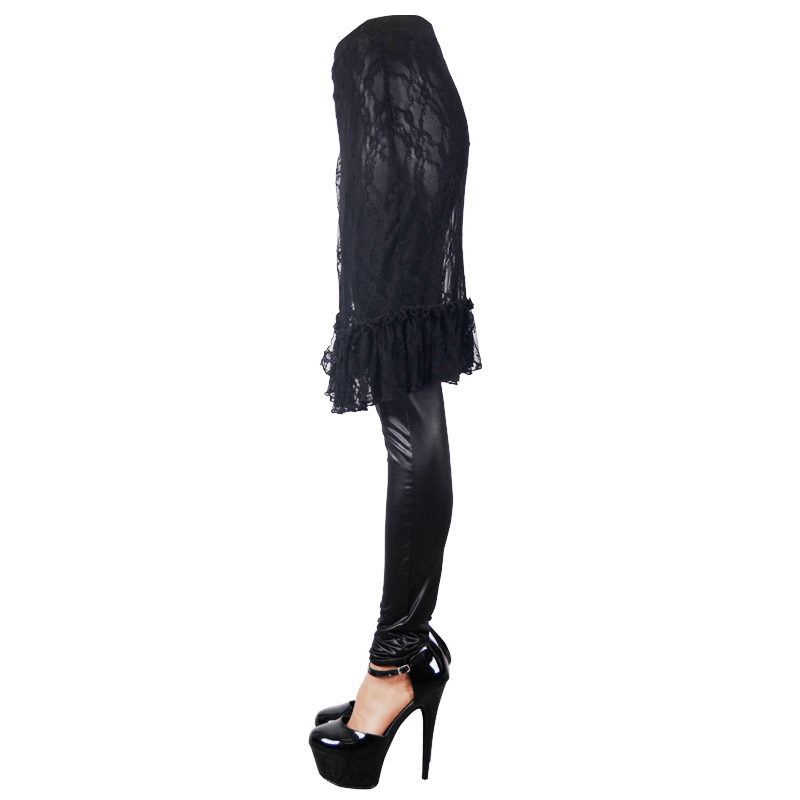Elegant side view of women's gothic faux leather leggings with an adjustable lace skirt and stylish black heels.