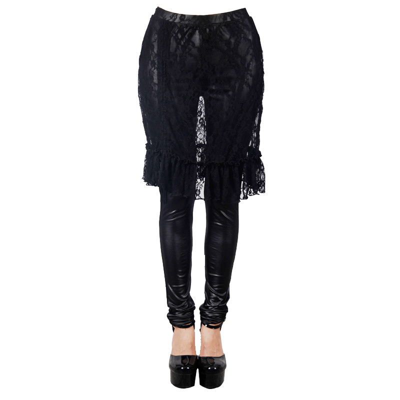 Stylish women's gothic faux leather leggings paired with an adjustable black lace skirt, perfect for edgy fashion lovers.