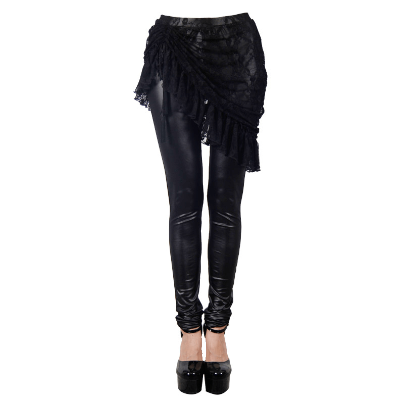 Gothic women's black faux leather leggings with adjustable lace skirt, perfect for a stylish and edgy look.