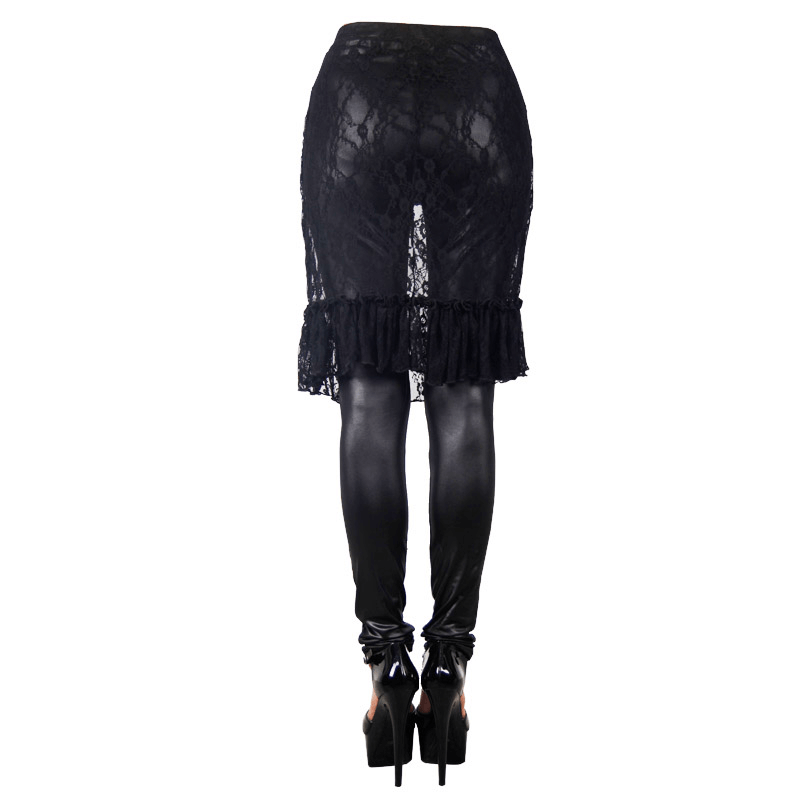 Gothic faux leather leggings featuring adjustable lace skirt, perfect for stylish women seeking edgy fashion.