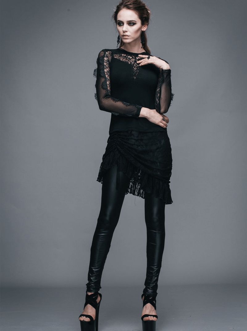 Stylish model wearing black gothic faux leather leggings with an adjustable lace skirt, showcasing elegance and edgy fashion.