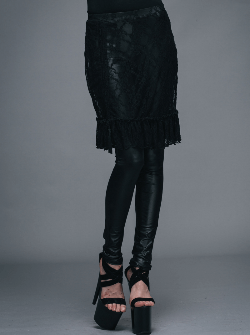 Stylish model wearing gothic faux leather leggings with adjustable lace skirt, showcasing edgy black fashion.