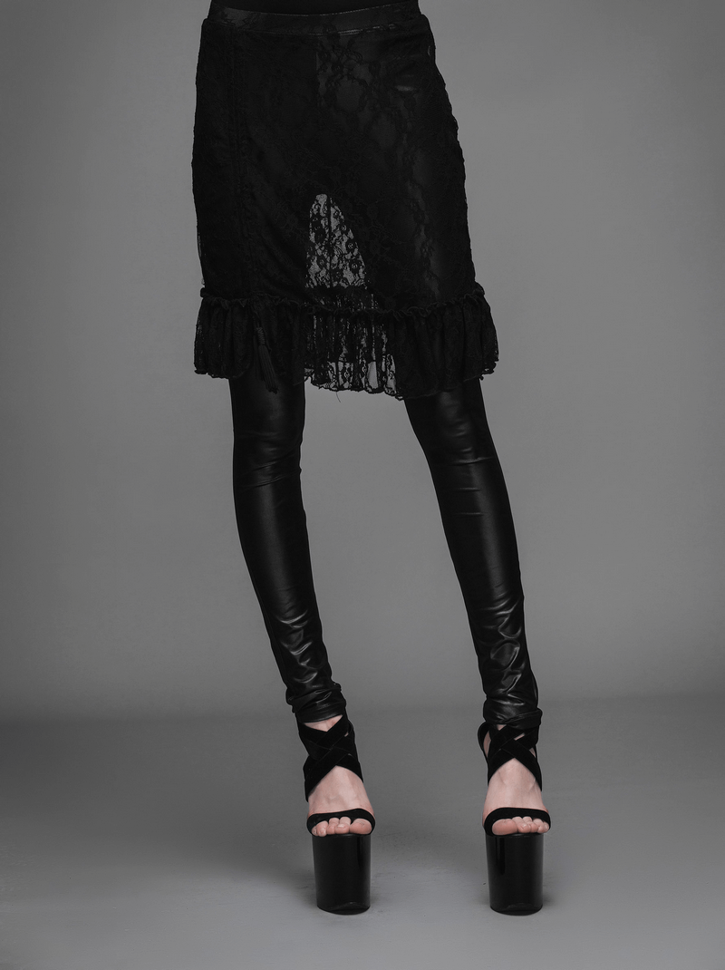 Stylish women's gothic faux leather leggings with adjustable lace skirt, perfect for a bold fashion statement.