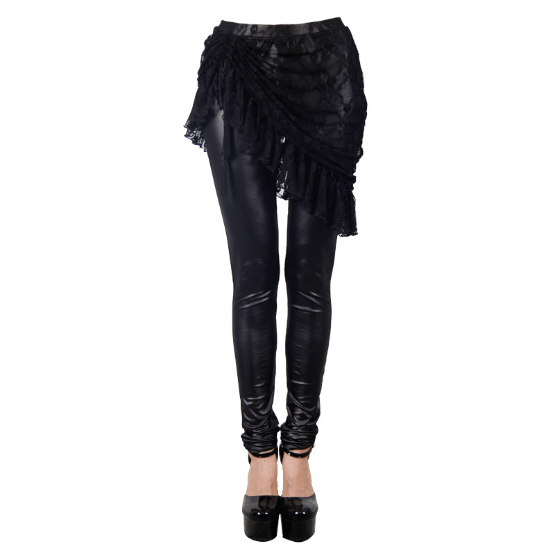 Gothic Faux Leather Leggins with Lace Adjustable Skirt / Women's Elastic Black Pants