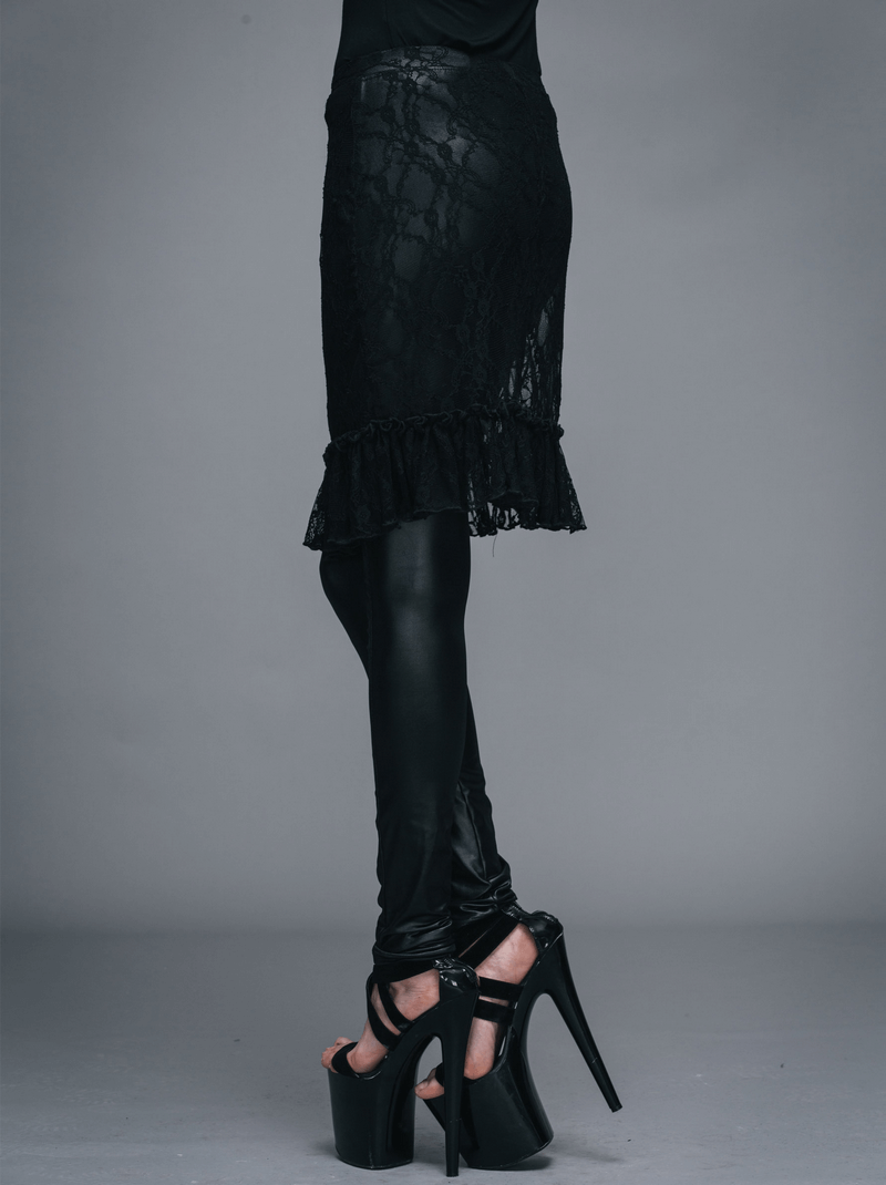 Gothic Faux Leather Leggins with Lace Adjustable Skirt / Women's Elastic Black Pants