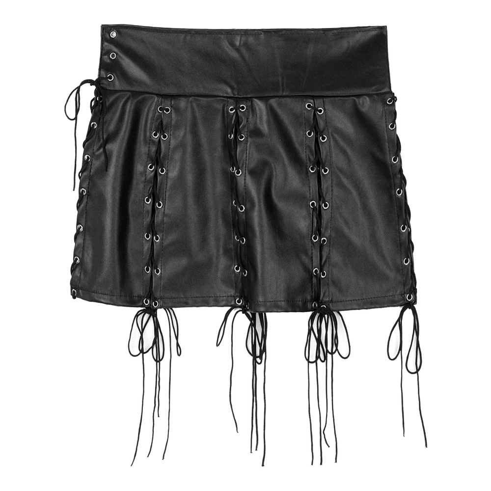 Gothic faux leather mini skirt with lace-up details, perfect for creating edgy rock outfits.