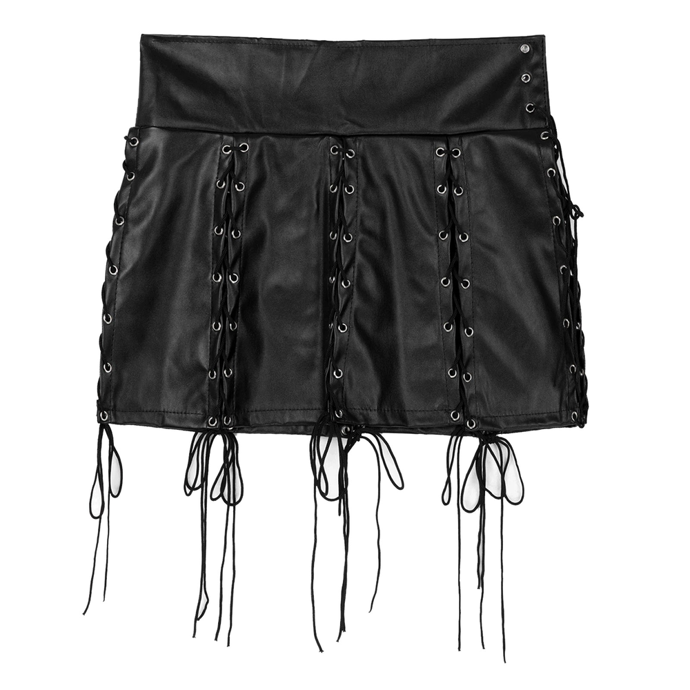 Gothic faux leather mini-skirt with lace-up details, perfect for edgy fashion lovers and various stylish outfits.