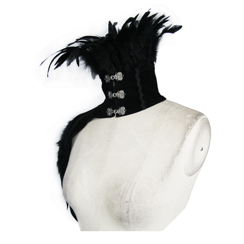 Gothic Feather Collar with Attached Shoulder Piece / Women's Velvet Collar with Decorative Hooks
