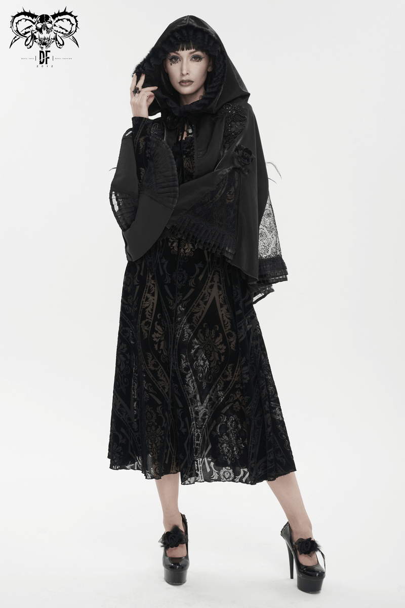 Gothic Feather Flower Hooded Cape / Women's Lace Trim Short Coats