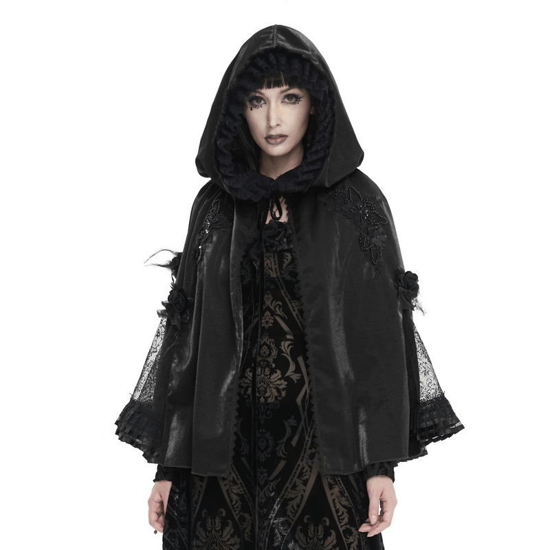 Gothic Feather Flower Hooded Cape / Women's Lace Trim Short Coats