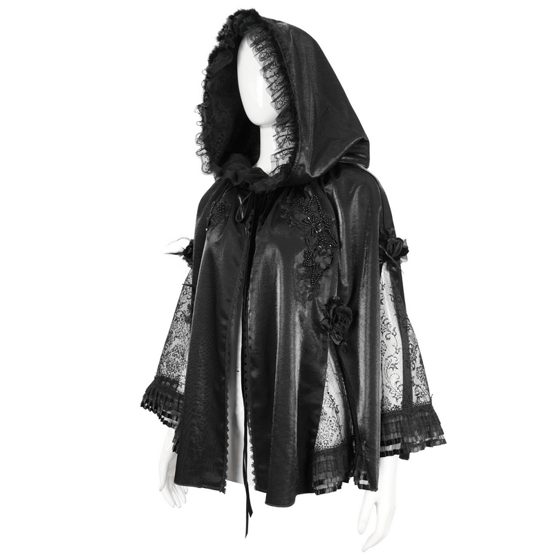 Devil Fashion Black Gothic Feather Flower Short Hooded Cape for