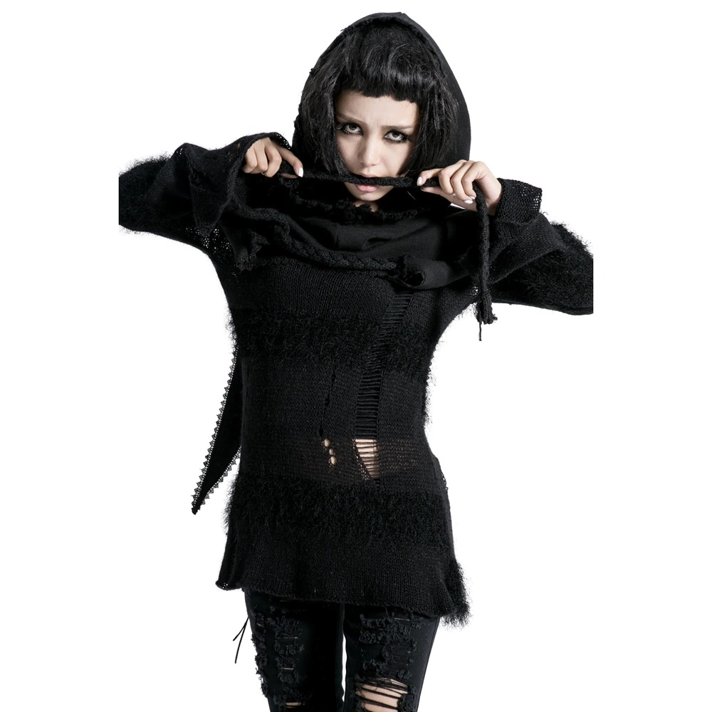Gothic Female Black Knitted Wool Cape / Fashion Women's Hooded Long Capes in Punk Style - HARD'N'HEAVY