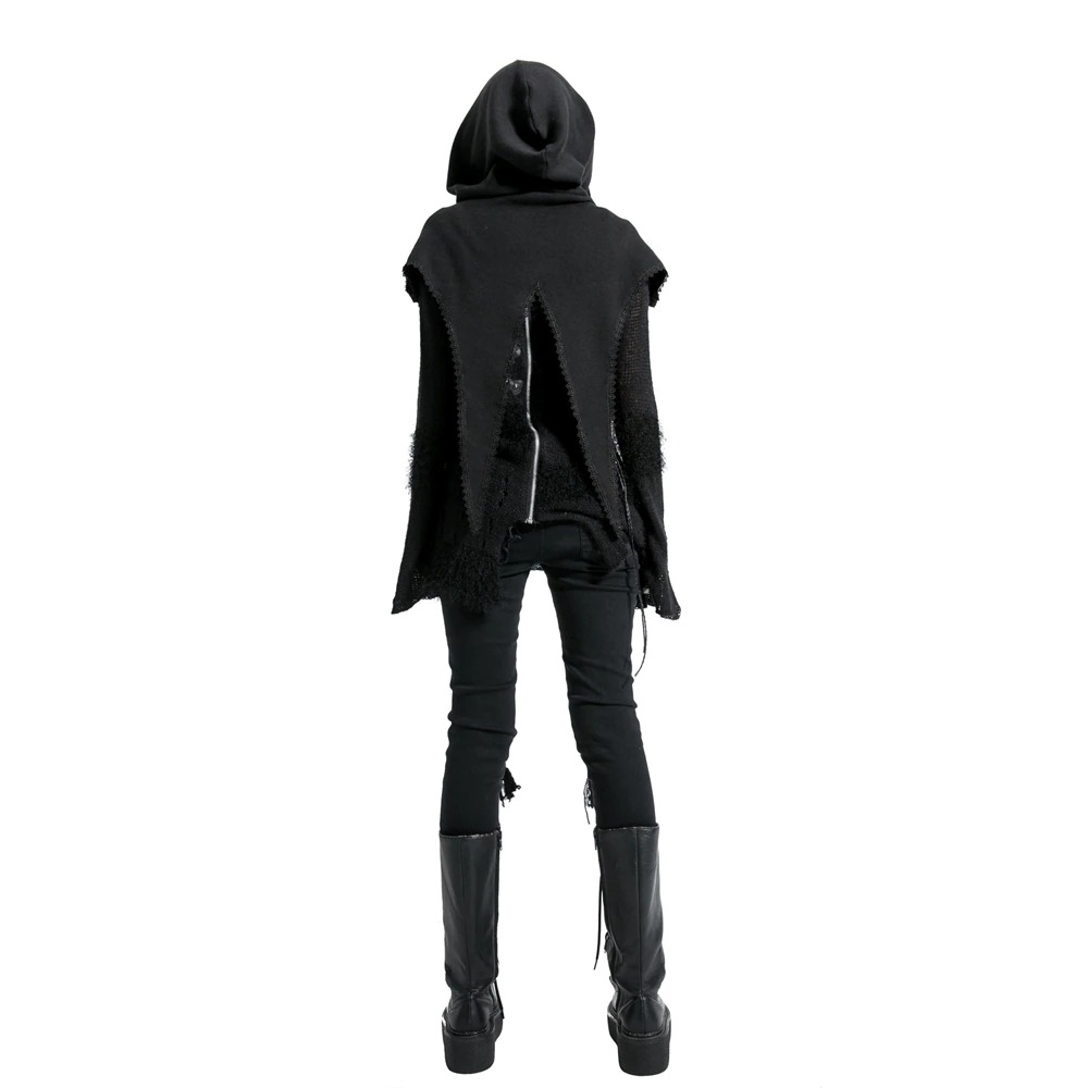 Gothic black knitted wool cape with hood for women, showcasing a punk style outfit from the back.