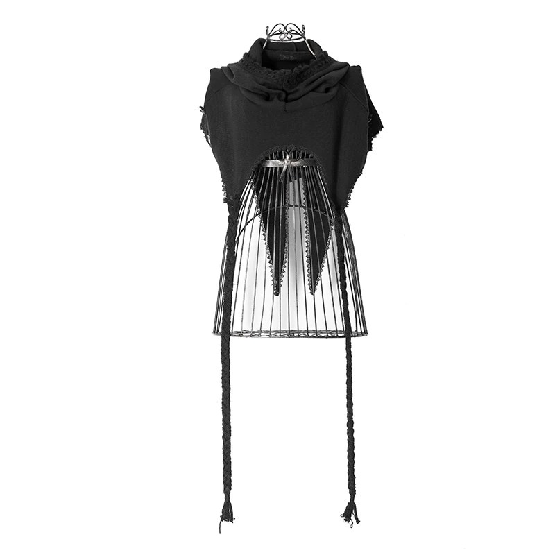 Gothic black knitted wool cape with hood, showcasing punk style and unique design for women's fashion.