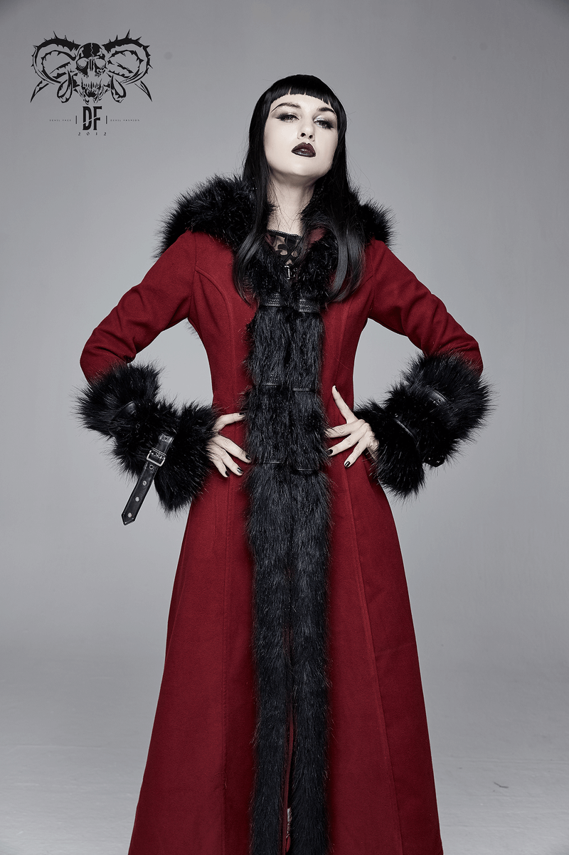 Gothic Female Long Coat with Removable Fur Collar / Thick Alternative Clothing for Women - HARD'N'HEAVY