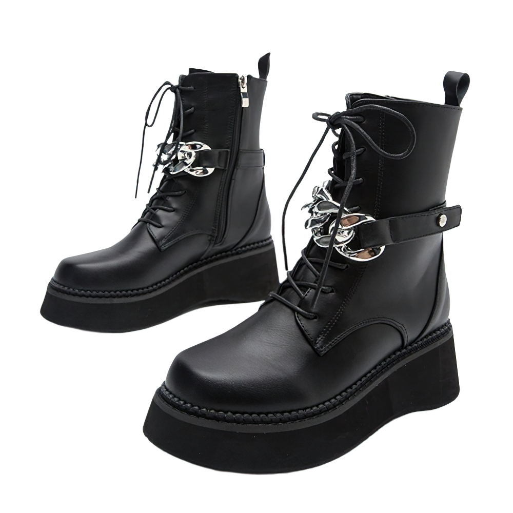 Gothic Female Platform Wedges Ankle Boots / Motorcycle Women's PU Leather Footwear With Chain - HARD'N'HEAVY
