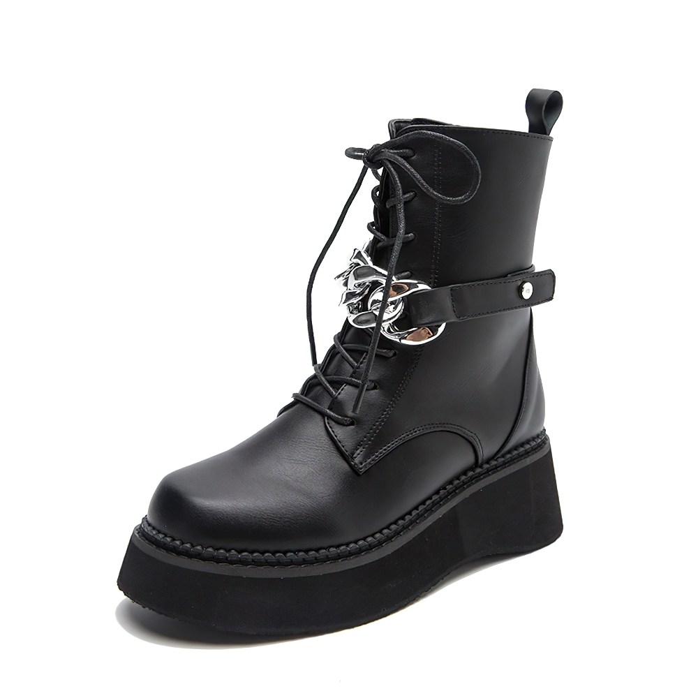 Gothic Female Platform Wedges Ankle Boots / Motorcycle Women's PU Leather Footwear With Chain - HARD'N'HEAVY
