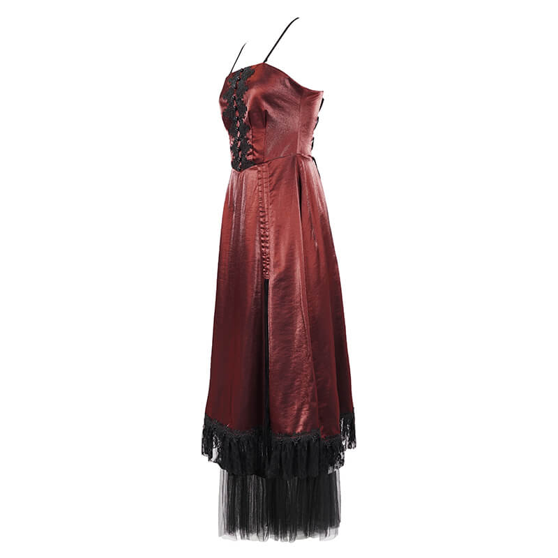 Gothic Female Wine Red Drawstring Lace Splice Slip Dress / Women's Long Dress with Straps - HARD'N'HEAVY