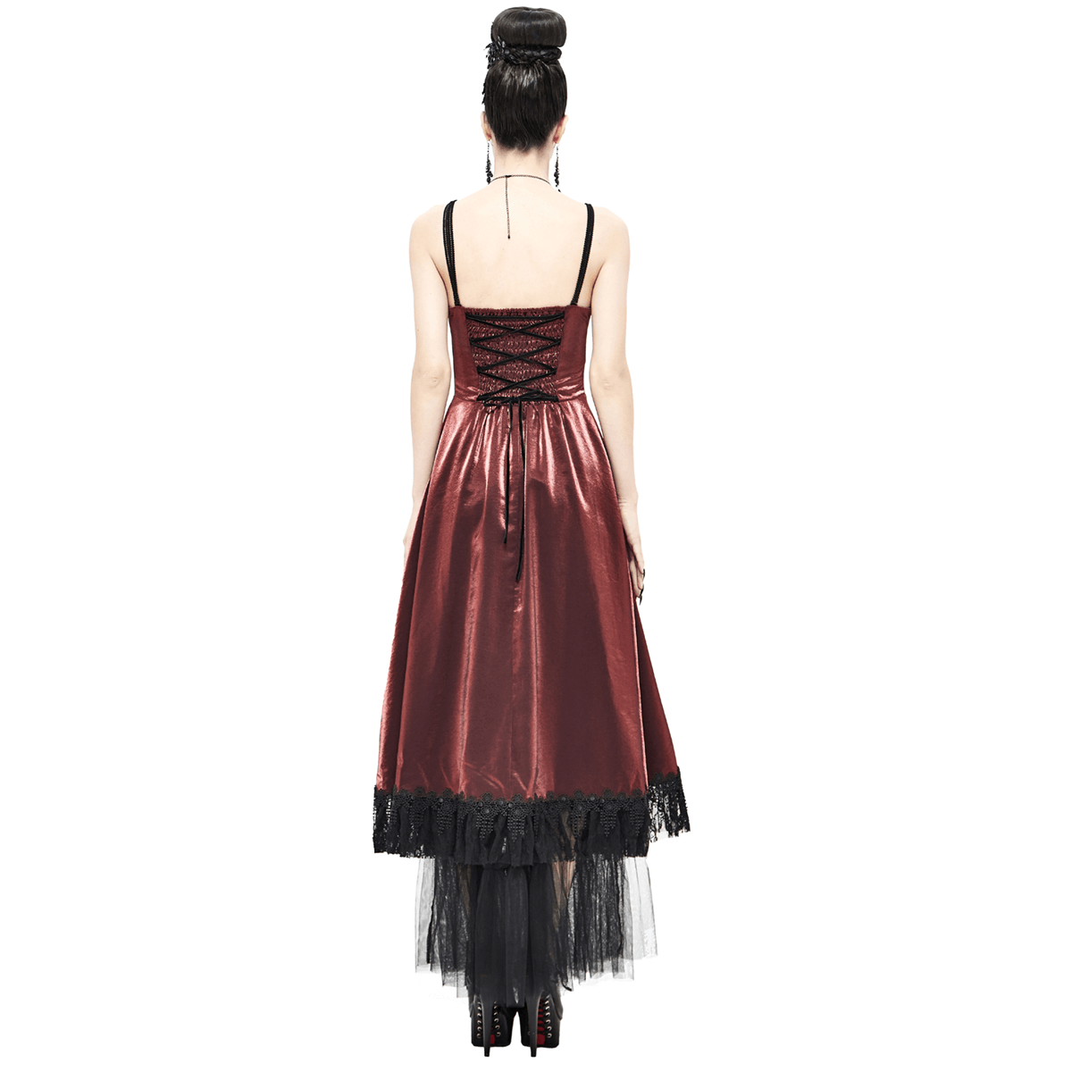 Gothic Female Wine Red Drawstring Lace Splice Slip Dress / Women's Long Dress with Straps - HARD'N'HEAVY