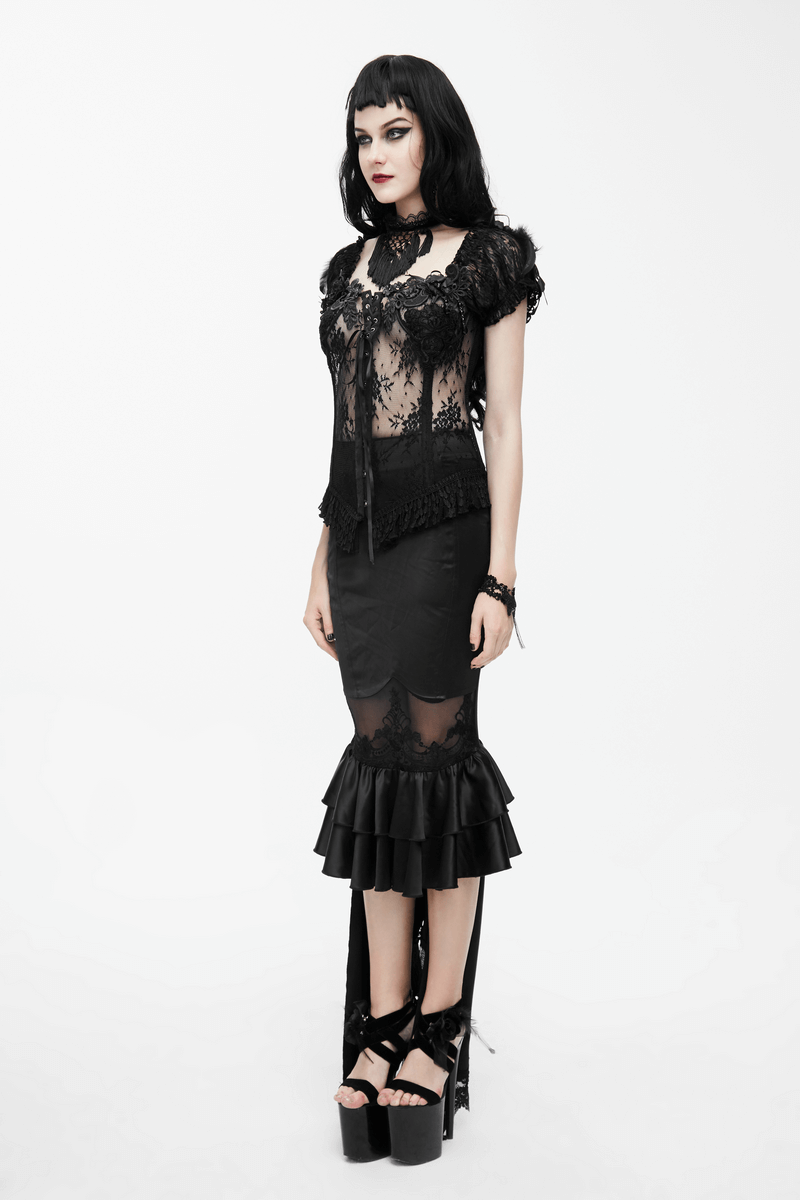 Gothic Fishtail Skirt With Ruffle Hem / Elegant Half Length Skirt with Lacing Back - HARD'N'HEAVY