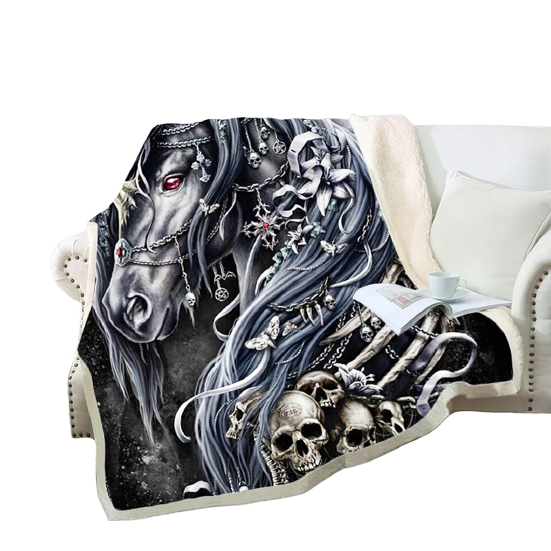 Gothic Fleece Blanket with Printed Horse / Comfortable Thick Bedspread Sherpa for Beds - HARD'N'HEAVY