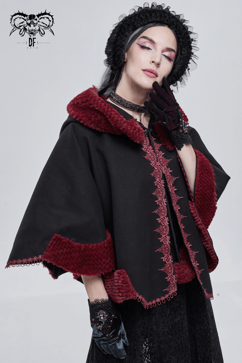 Gothic Floral Embroidered Splice Cape with Pompons / Black Short Cape with Red Guipure - HARD'N'HEAVY