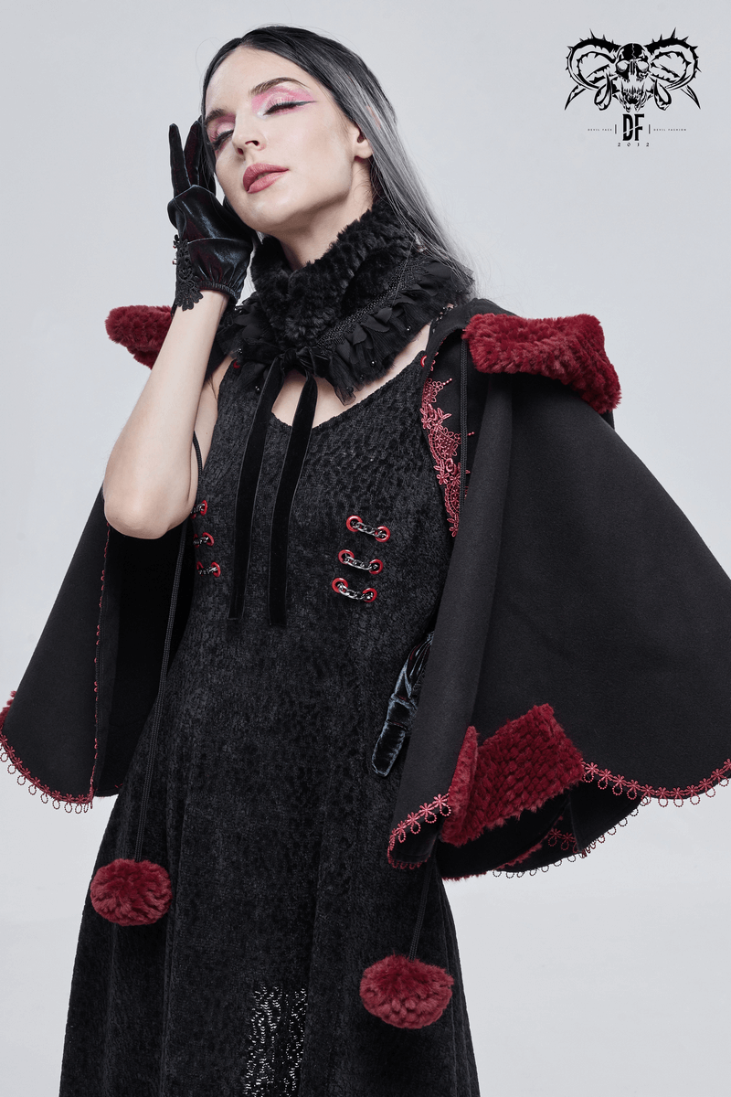 Gothic Floral Embroidered Splice Cape with Pompons / Black Short Cape with Red Guipure - HARD'N'HEAVY