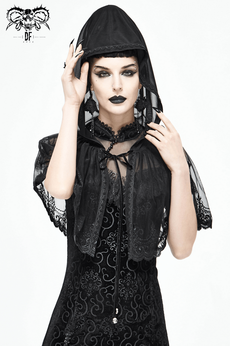 Gothic Floral Lace Cape with Hooded / Women's Black Short Cape with Velvet Ribbon - HARD'N'HEAVY