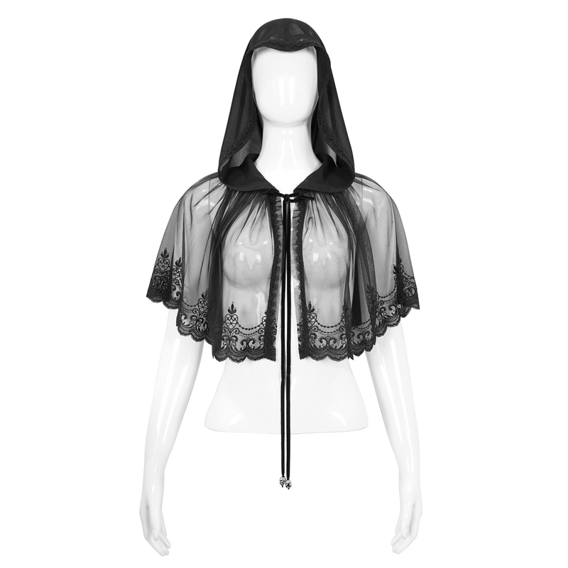 Gothic Floral Lace Cape with Hooded / Women's Black Short Cape with Velvet Ribbon - HARD'N'HEAVY